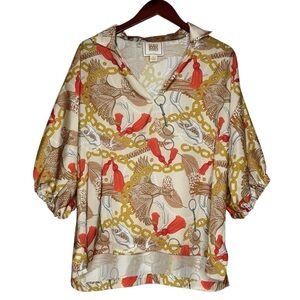 Emily McCarthy Poppy Blouse Sporting Luxe Chain Print Top Bird SZ Extra Large
